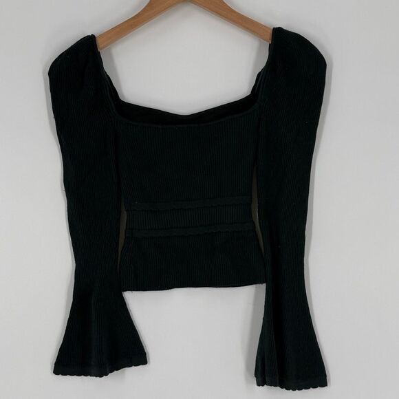 Self-Portrait Knit Scallop Edge Sweetheart Neck Bell Sleeve Top in Green | Small - Picture 4 of 9